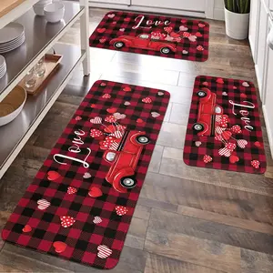 JIT 2/3pcs Valentine's Day Red Checked heart-shaped pickup Decorative Carpet Kitchen Carpet Set, Flannel bedside set floor mat anti-slip washable bedside Soft carpet, suitable for kitchen, laundry room, corridor floor running mat carpet