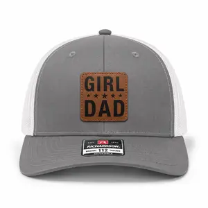 RabbitTees Girl Dad Leather Patch Richardson 112 Trucker Hat Snapback Mesh Cap, Great Father's Day Gift & Gift for Him