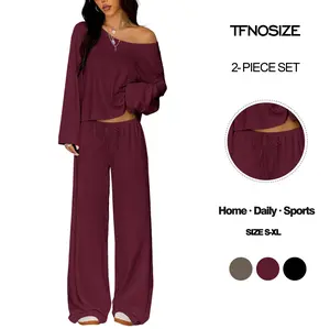 TFNOSIZE Women's Summer Casual Set | Long-sleeve Sexy Off-Shoulder Top with Drawstring High-Waist Long Pants |Elegant,Comfortable, Simple, Breathable,Women's clothing ，and Versatile Home Casual Set, Fitted Pajamas 