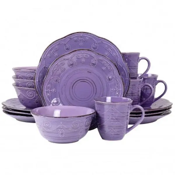 Elama 16-Piece Embossed Rustic Birch Wood Stoneware Dinnerware Set - Round Dishware, Purple Cutlery, Microwave-Safe, Heat-Resistant, Casual Nature-Inspired Tableware Set, Dinnerware Sets