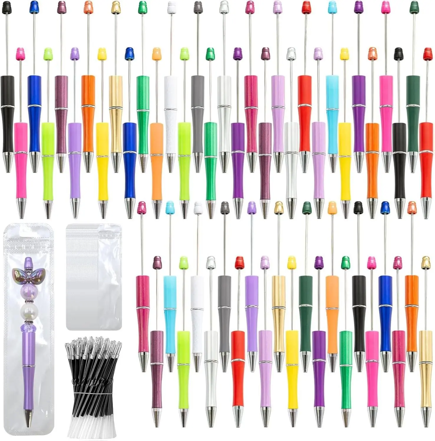 [New Deal] 150 Pieces DIY Beadable Pen Bulk Kit – 50 Plastic Ballpoint Pens with Refills & Bags – School Supplies, Office Accessories & Decorative Items for Students & Teachers (Multicolor), Colorful, Plastic Body