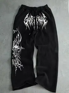 Men's Gothic Style Graphic Print Sport Pants, Loose-Fitting Elastic Waist Drawstring, Comfortable Long Pants for Streetwear and Casual Wear, Sports Casual Pants