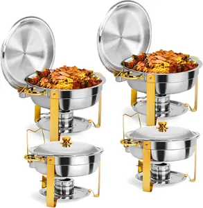ROVSUN 2/4 Packs Gold Chafing Dishes for Buffet, 5QT Round Chafing Dish Buffet Set, Stainless Steel Chafers and Buffet Warmers Sets for Parties Weddings Catering