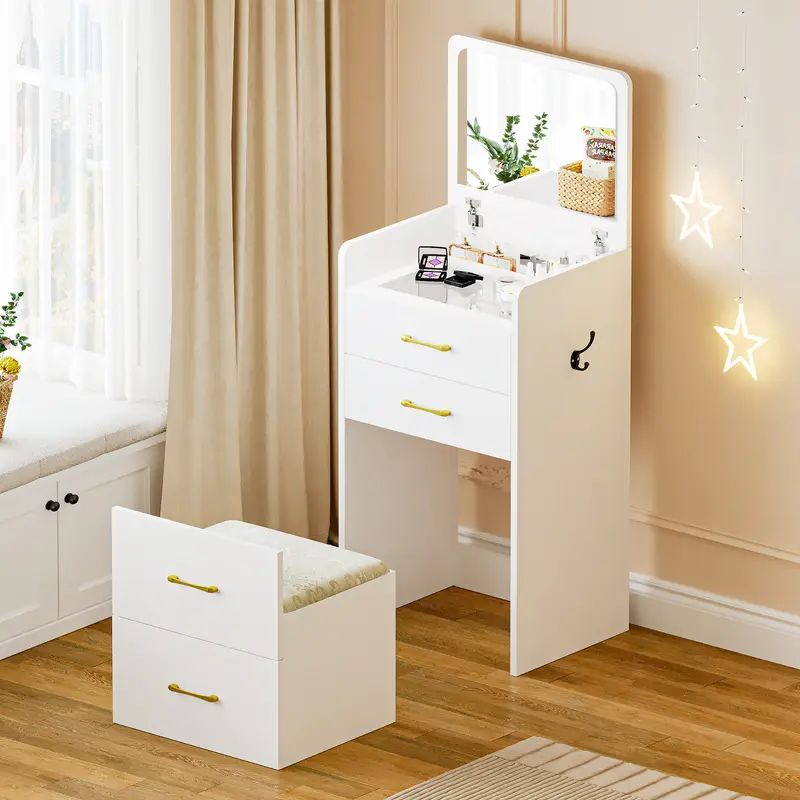 Vlsrka 3-in-1 Modern Beauty Makeup Vanity Desk with Chair - Wood Frame, Flip-Up Mirror, Glass-Top Clarity Desktop, Drawers Makeup Vanity, Spacious Storage, Side Hooks, Soft Cushion Seat, Under-Table Collapsible/Foldable Storage, Assembly Required