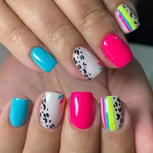 Short Press on Nails Square Fake Nails Blue Rose Red False Nails with Black Leopard Print Design Glue on Nails Colored Lined Stick on Nails Glossy Full Cover Acrylic Nails for Women Manicure 24Pcs