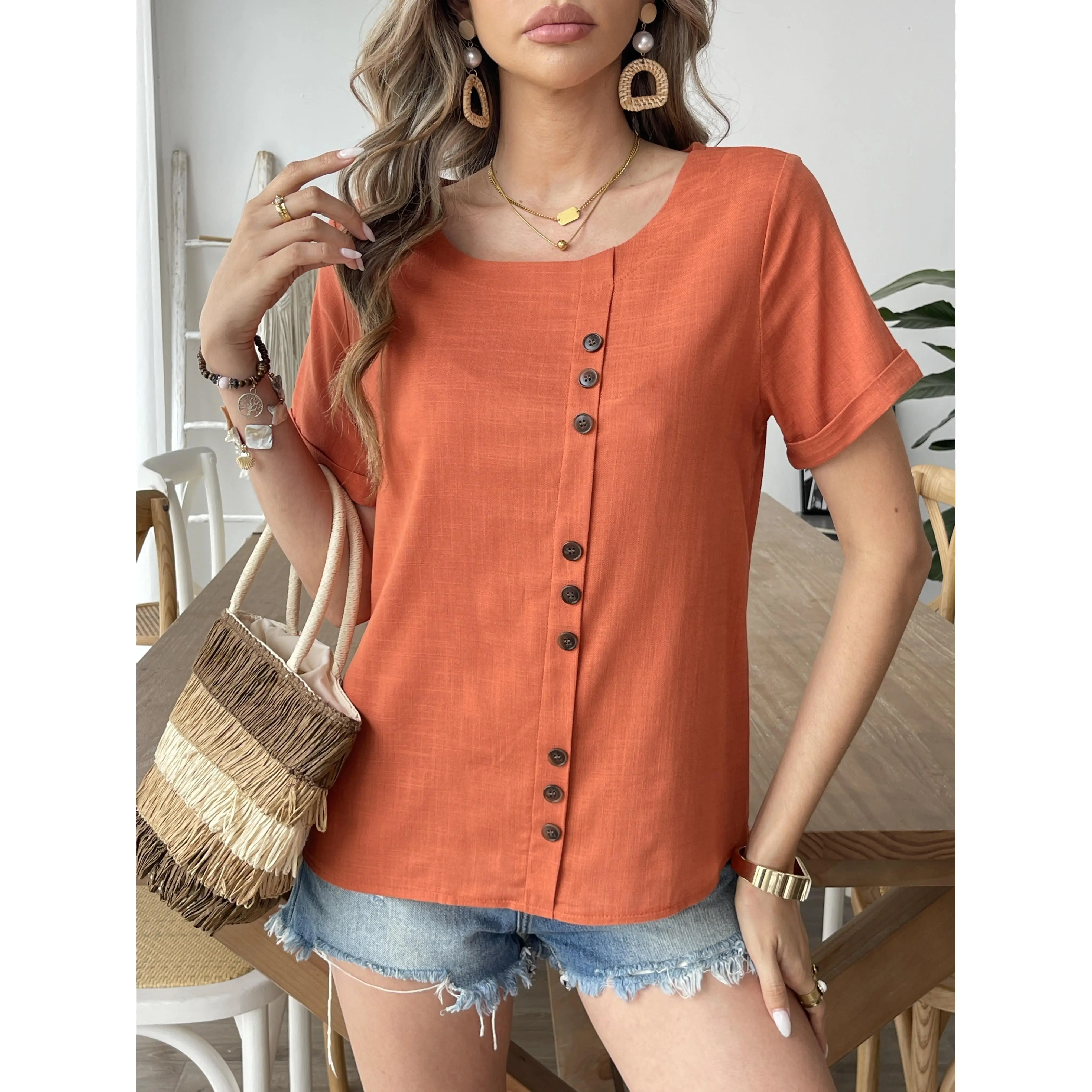 Women's 2026 Orange-Red Short Sleeve Button-Front Round Neck Fitted Top, Comfortable Versatile Blouse for Spring Summer Parties, Office Wear