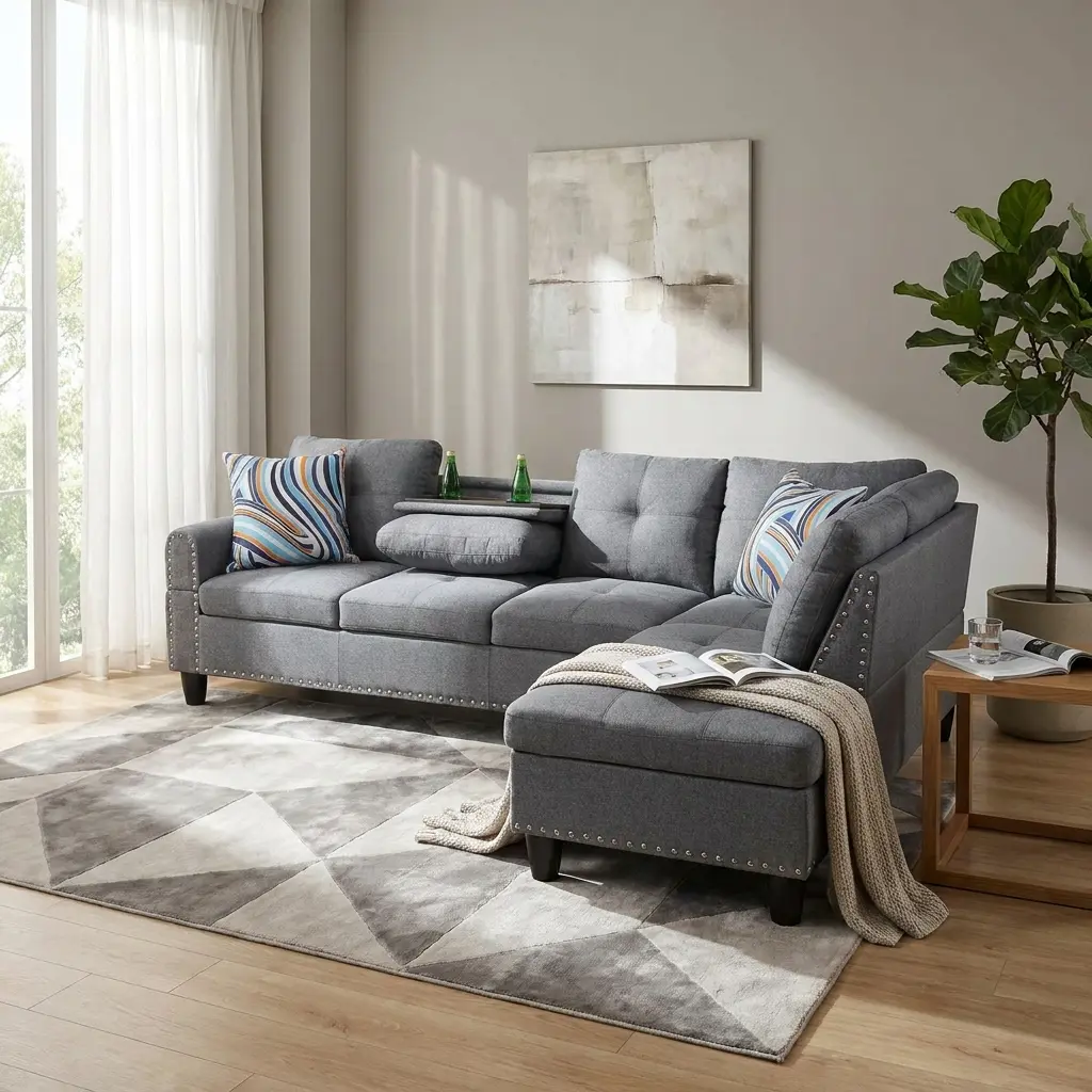 Grey Linen Living Room Sofa Set with Copper-Nail Finish, Anti-Insect Solid Wood Frame, Double-Layer Springs, High-Density Sponge, Mould-Proof Foam, Breathable, Wear-Resistant, Non-Pilling Fabric for Modern Home Decor