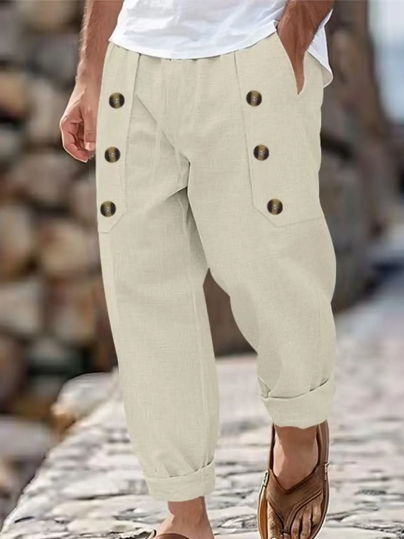 Men's Casual Loose Fit Wide Leg Trousers, Drawstring Waist & Button Pocket Design, Lightweight Breathable Fabric, Daily & Vacation Style Casual Pockets, Casual Comfy Pocket, Casual Comfy Pants