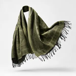 Olive Green Verdelle Luxe Paisley Shawl – Elegant Soft Tassel Wrap
