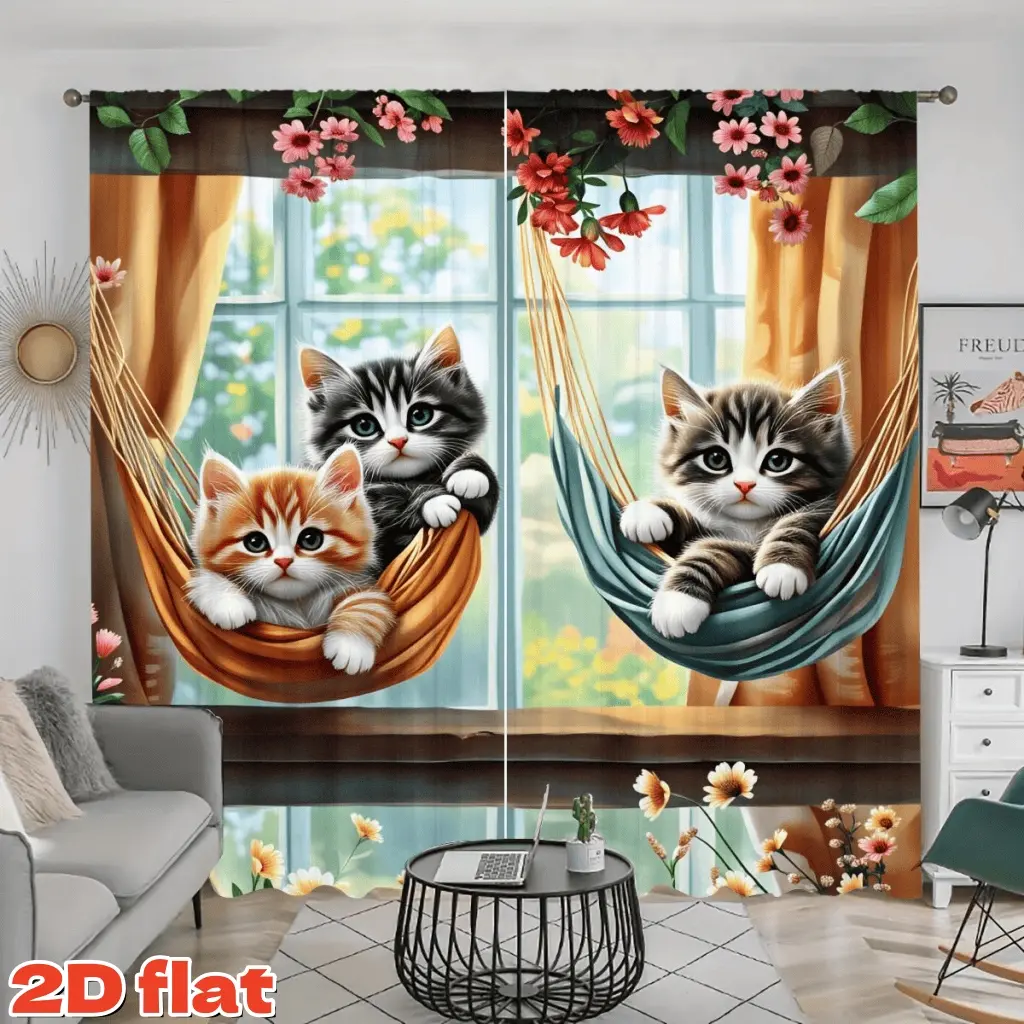 2D Flat 2Pcs Cute Kitten Print Window Curtain, Semi Sunshade Pole Pocket Style Curtains for Living Room, Bedroom, Kitchen, and Study Decoration, Home Decor Anti-Privacy Curtains.
