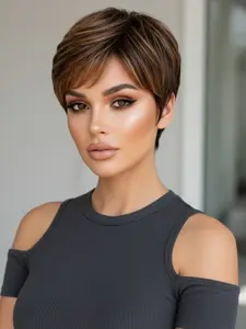 100% Human Hair Wigs Ombre Blonde Black Short Straight Human Hair Wigs With Bangs Short  Cut Hair Wigs For Women Glueless