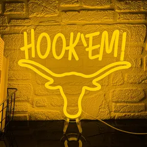 Hook 'Em Longhorn Bull Head Neon Sign, Glowing Mascot Sign LED Wall Hanging Art Neon Light, Decorative Light, USB Powered for Home Room, School, Gym, Sports Theme Party, Bar, Man Cave, Gift