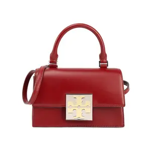 Women's Tory Burch Bon Bon Mini Crossbody Shoulder Purses - Brick Red Calfskin Handbag Purse with Magnetic Closure, Adjustable Strap, Classic Flap