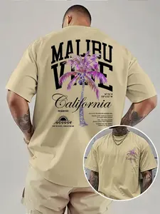 Men's Oversized Shoulder Drop Tee, Back Full Coconut Tree Print, Malibu Vibe Bold Letters, Casual Beach Vacation Wear