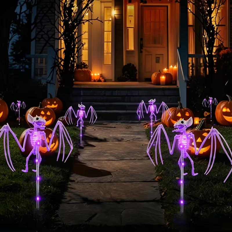 4pcs Solar-Powered Halloween Outdoor Garden Lights, 3D Scary Realistic Bat & Skeleton Decorations, Purple Spooky Street Lights for Cemetery, Courtyard, Halloween Party Decor