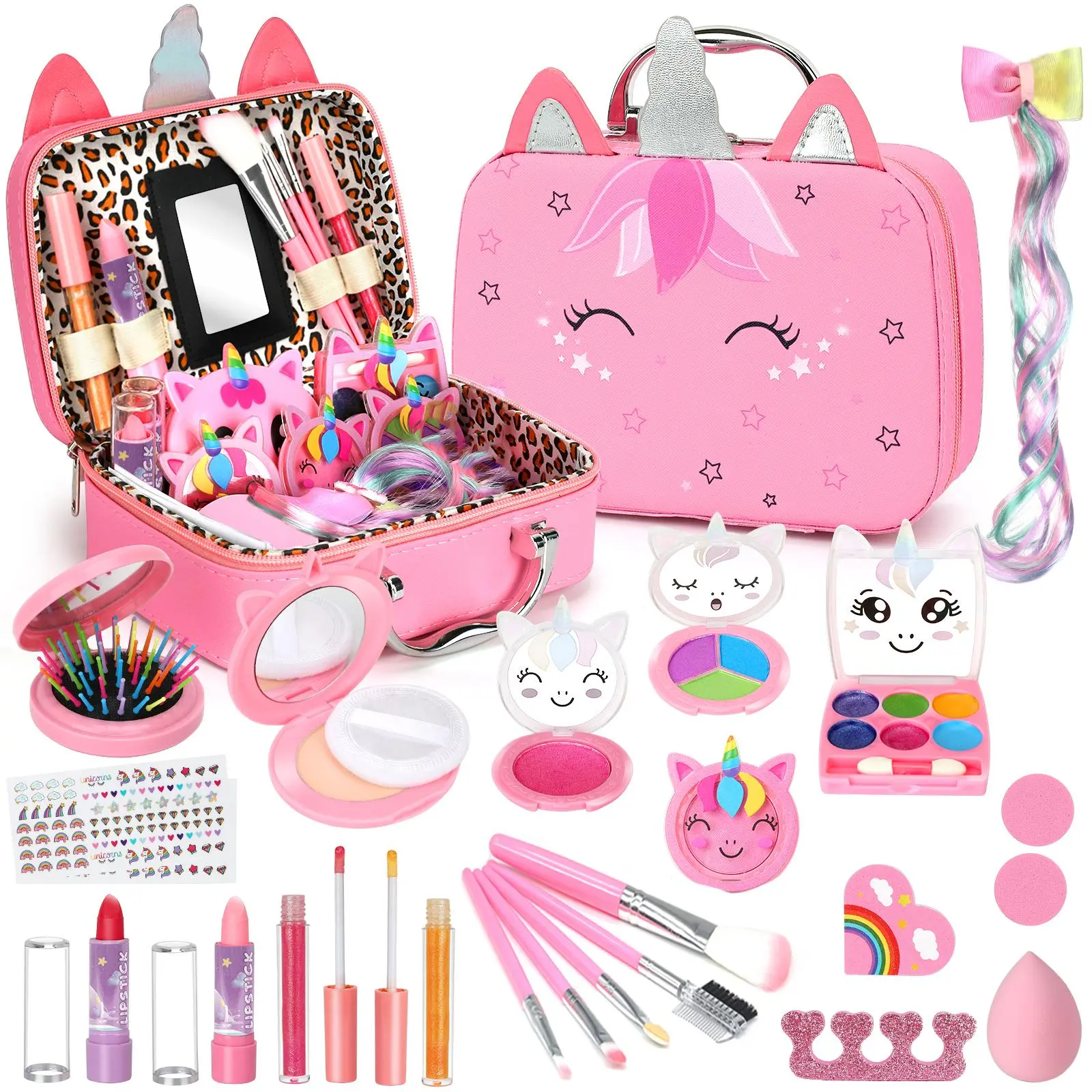 Children Unicorn Makeup Set for Girls, Washable Non-Toxic Role Play Cosmetics, Portable Makeup Box, Princess Makeup Toy Gift, Pretend Play Set, Kid Playset, Ages 3-12