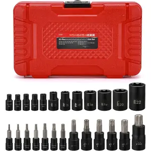 25 count Torx Bit Socket and External Socket Set, 13 Star Socket Bits (T8- T60)& 12 Female E-Torx Sockets (E4-E22)