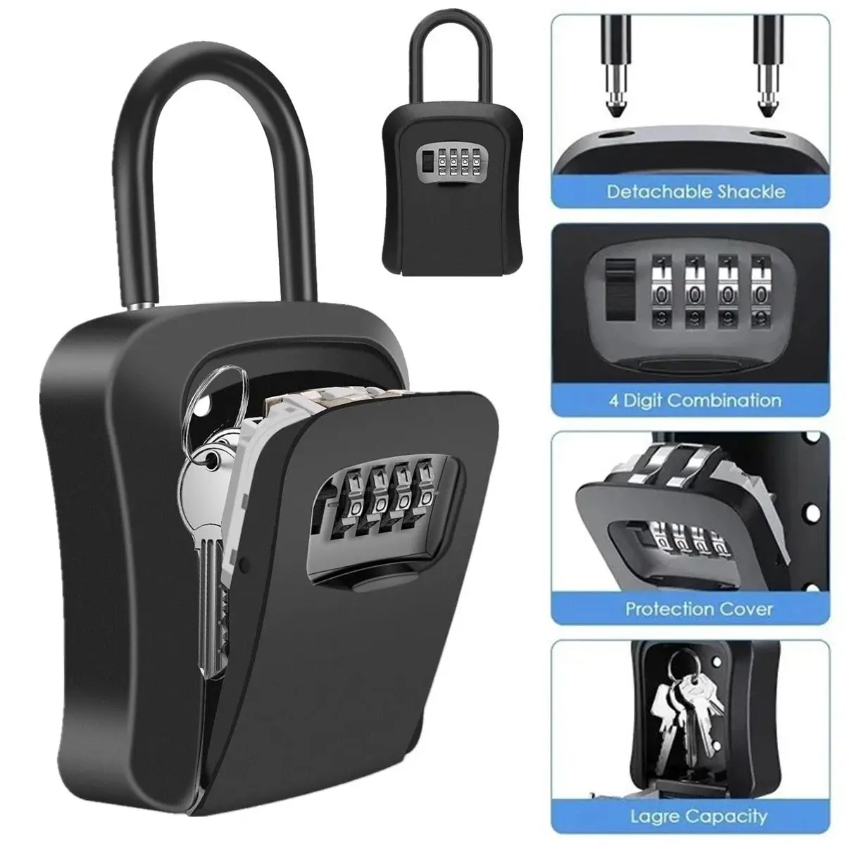 Portable Key Lock Box for Safe Storage, Waterproof ABS Safe with 4-Digit Combination for Hanging or Wall Mounting, Ideal for Realtors & Apartments, Anti Theft Safes