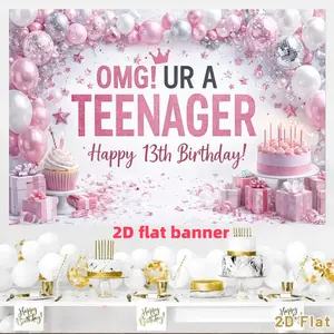 Pink 13th birthday background banner, Party Decorations Banners, pink star glitter, pink crown, polyester material, suitable for photo booths, parties, home and teenage birthday party decoration