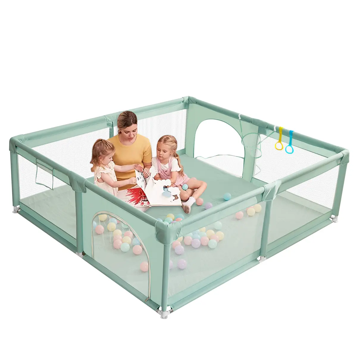 BIOBY Portable Baby Playpen, 71" x 59" x 27" Extra Large Playard, Soft Mesh Sturdy Pipe Ample Space for abies and Toddler, Safe and Non-Slip Baby Fence, Full Mesh Design, Indoor & Outdoor Kids Activity Center, Portable Travel Design, Green