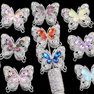 4Pcs Mixed Heavy-duty Double-sided Alloy Butterfly Crystal Rhinestone Ball Straight-hole Beads for DIY Mobile Phone Chains, Keychains, and Bag Chains; Heavy-duty Accessories.