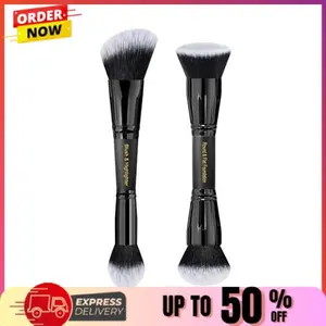 LORYP Black Makeup Brushes 2Pcs Duo End Foundation Powder Brush Set, Blush & Highlighter Brush and Round & Flat Foundation Brush