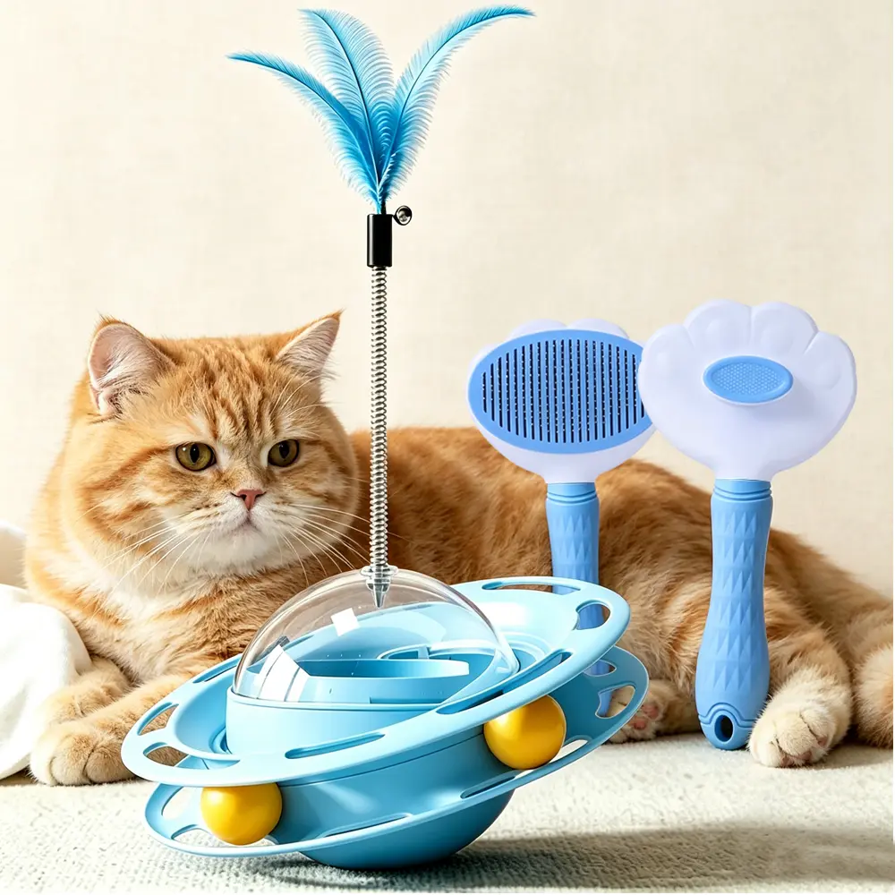 【Viral】 Cat Must Have! 4-in-1 Interactive Tumbler Track Ball Feather Toy & Self-Clean Deshedding Brush For Busy Cat Parents, Fix Kitty Boredom, Stop Destructive Scratching, Clear Shedding Pet Hair Everywhere