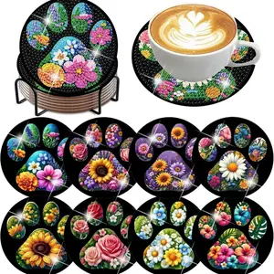 8 pieces/set of diamond painted coasters set with beautiful patterns (with holder) - DIY diamond art craft kit for home decoration beginners, diamond craft supplies, artificial diamond art craft supplies gifts