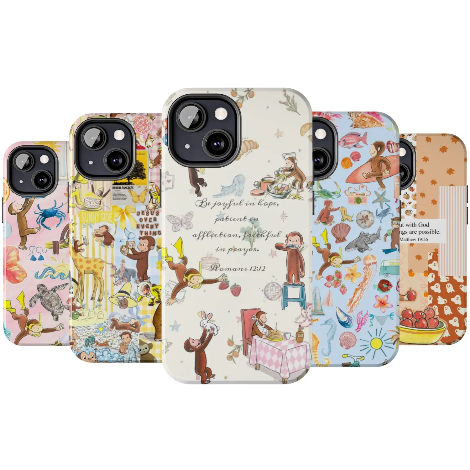 Curious George Inspirational Bible Verse Phone Case, God Nostalgic Cartoon Cute Monkey Aesthetic For iPhone 17 16 15 14 13 12 11 X 8, Scrapbook Storybook Art, Whimsical Accessory