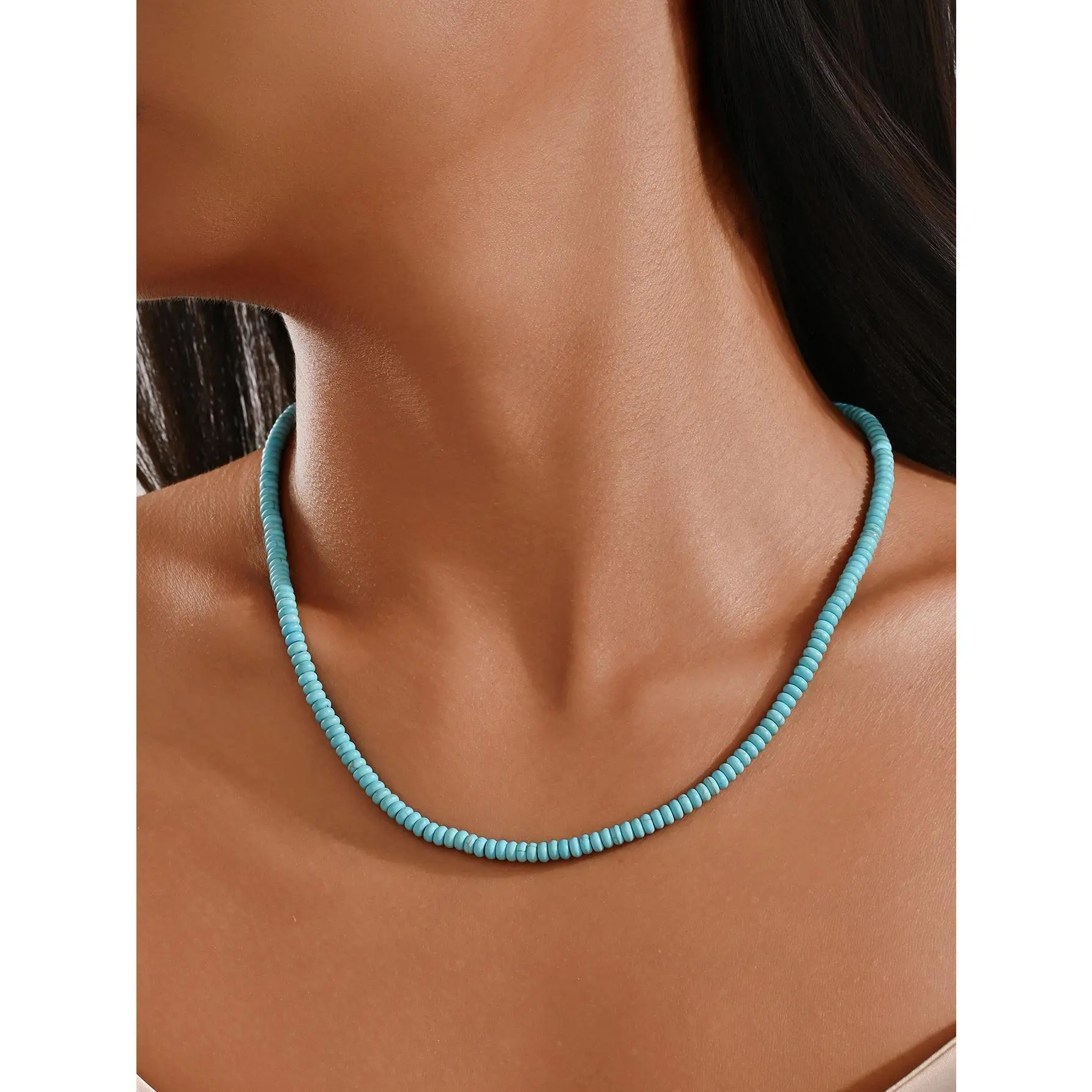 Women's Retro Beaded Necklace with Colorful Synthetic Turquoise & Jade, Alternative Fashion Stainless Steel Chain, Clavicle Length Jewelry, Beaded Necklaces, Female