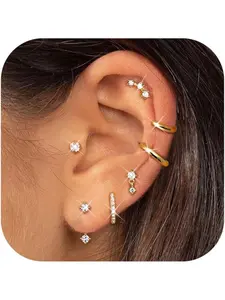7 Pairs Small Stud Hoop Earrings for Women, Hypoallergenic 14k Gold Plated Huggie Earring Sets, Cute Silver Color Jewelry for Multiple Piercings