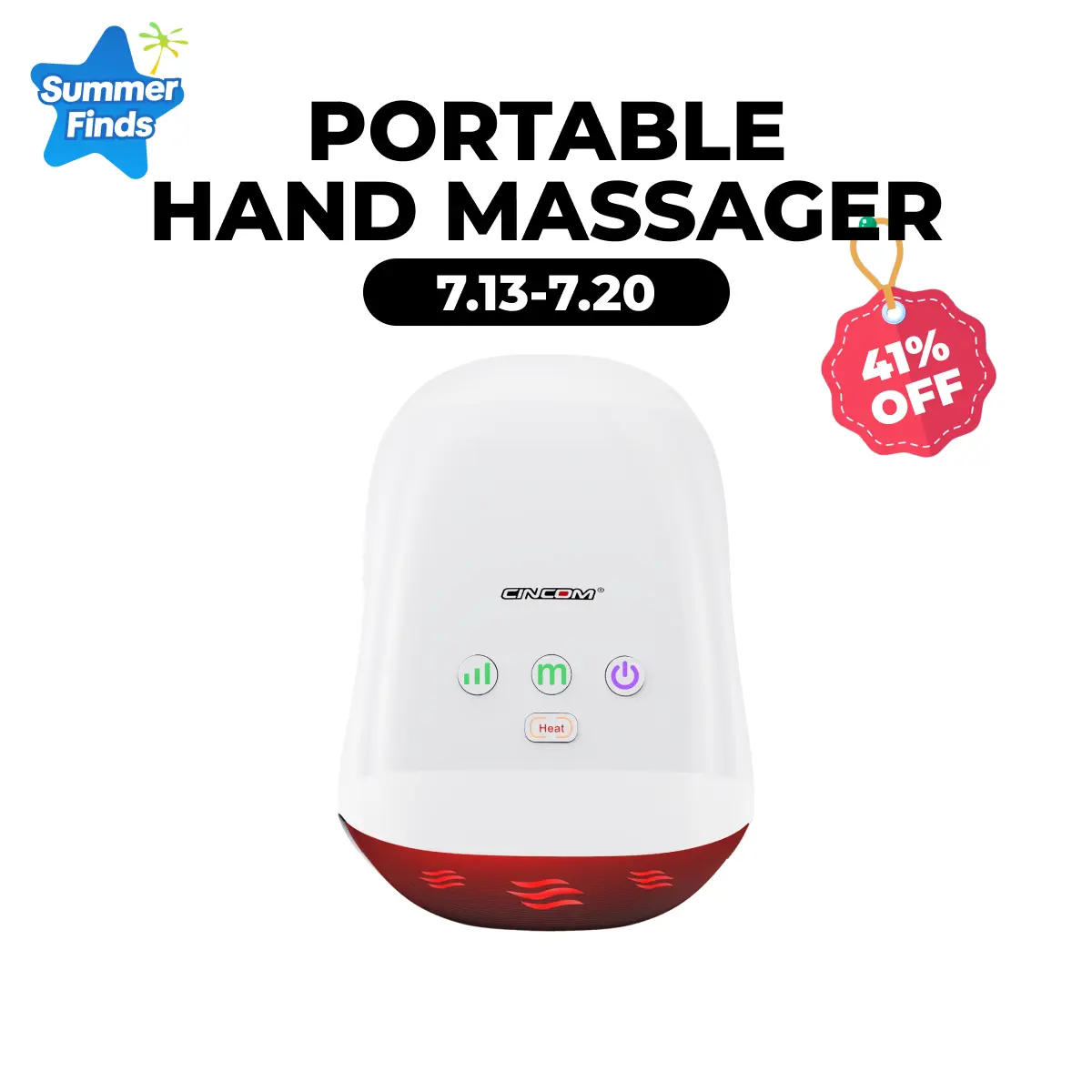 CINCOM Portable Hand Massager (White) - USB Rechargeable Massagers, Battery Powered, Warm Kneading Massage Device with Adjustable Settings, Auto-Off for Daily Relaxation, Ideal Gift