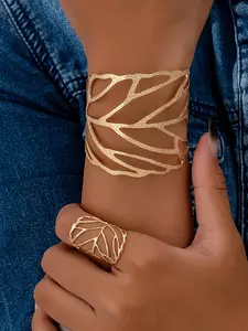Geometric Hollow Leaf Women's Open Ring and Bracelet Set, Elegant Jewelry Set, Unique Metal Design Jewelry for Stylish Occasions, Fashion Accessories for Everyday Wear