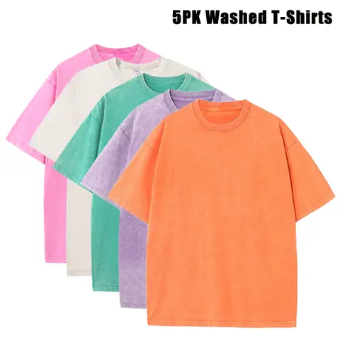 5PCS Men’s Extra Large Fitness Retro Heavyweight T-Shirts, Pure Cotton Sports Acid Wash Loose Fit, Summer Sweat Absorption, Multiple Colors