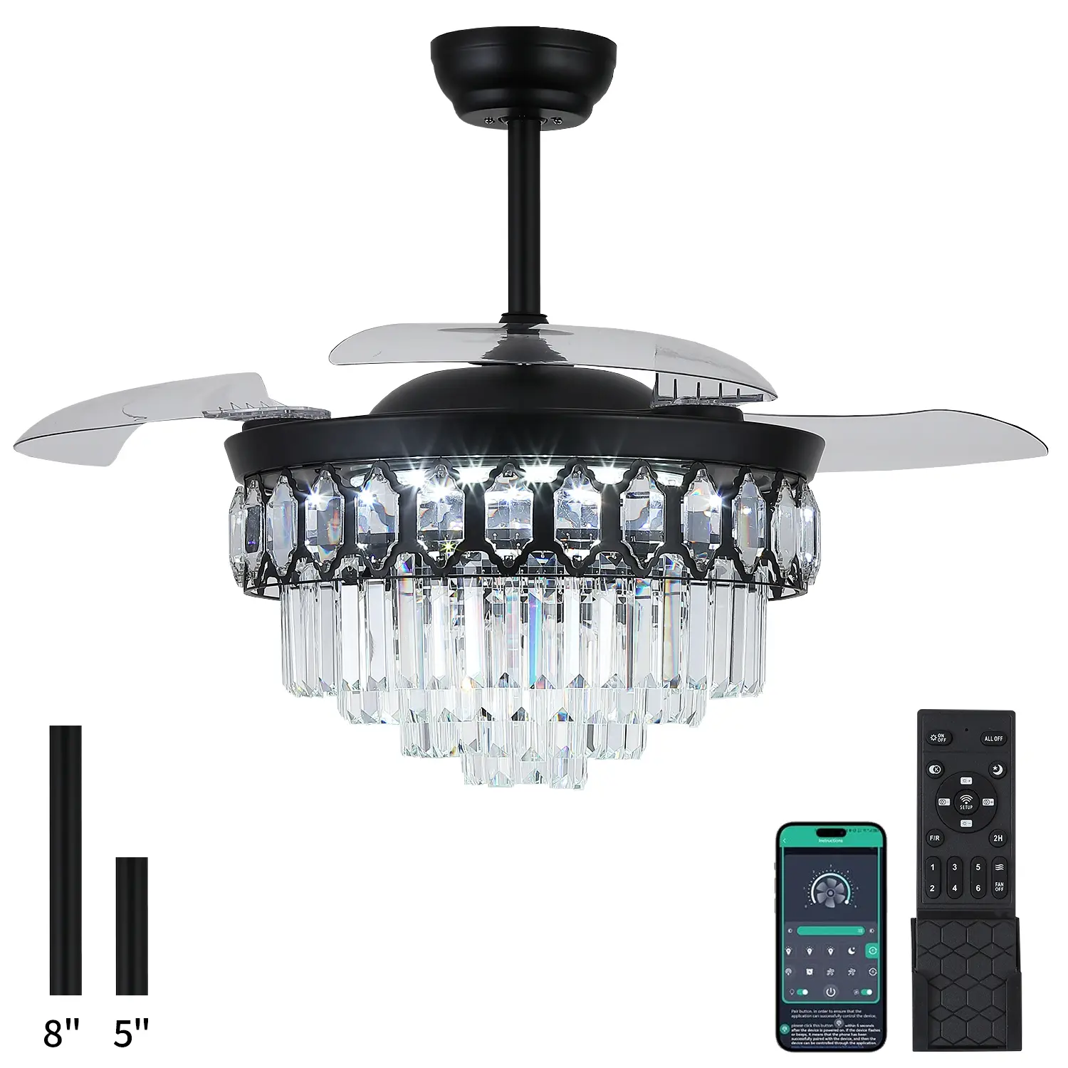 Kviflon 48'' Invisible Crystal Ceiling Fan with Light 6 Speeds 3 Color LED Silent DC Motor Remote Control Modern Design-9018 Atmosphere Lighting