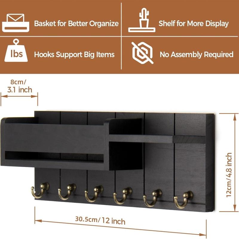 Wooden Wall Mounted Key Organizer - 6 Hooks with Small Shelf | Mail Sorter & Entryway Storage | Living Room/Entrance Decor | Home Organizing Essential | Wall Mountable