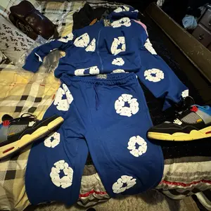Denim Tear Sweatsuit men - Blue with White Patterns Hoodie and Joggers Set Menswear