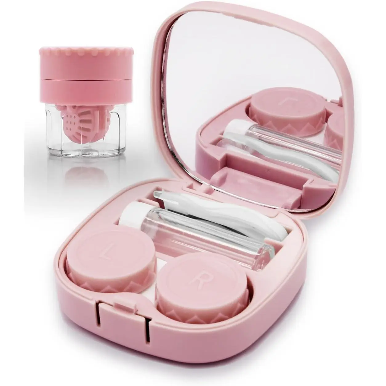 Contact Lens Case with Cleaner Washer, Travel Size Cute Colored Contact Lenses Applicator  Kit with Mirror Solution Bottle for Daily Outdoor (Pink)