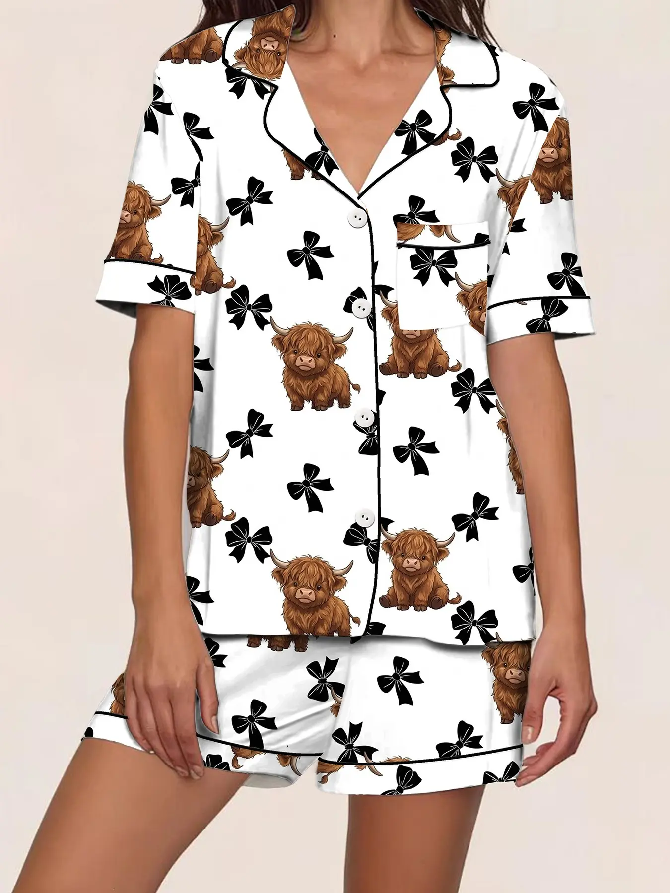 Cute Pet Lover Sleepwear Set Pajama, Spring Summer Women's Cardigan Collar Short Sleeve Shorts Two-Piece Loose Casual Loungewear Homeewear, Background Highland Cow Design Homewear Pjs