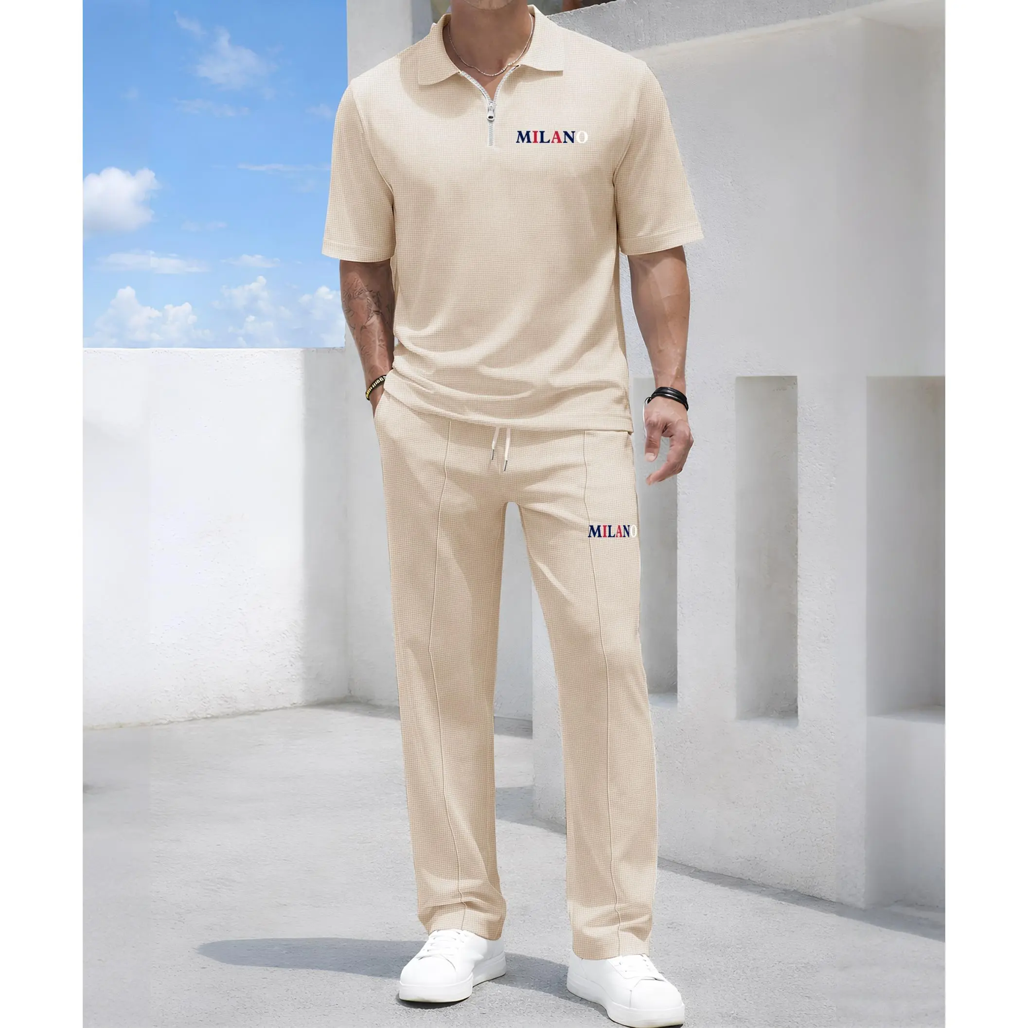 Men's MILANO Letter Print Waffle-Knit Polo Shirt Set, Short-Sleeve Zip-Up Collar Top with Matching Athletic Trousers, Casual Sportswear Outfit