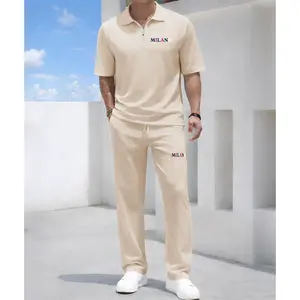 Men's MILANO Letter Print Waffle-Knit Polo Shirt Set, Short-Sleeve Zip-Up Collar Top with Matching Athletic Trousers, Casual Sportswear Outfit