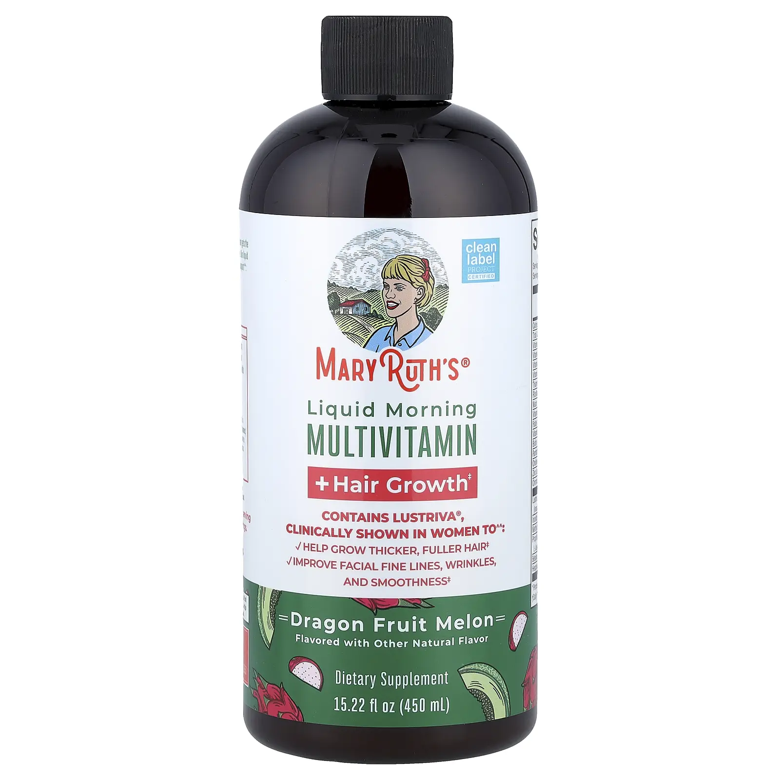 MaryRuth's Liquid Morning Multivitamin + Hair Growth, Dragon Fruit Melon, 15.22 fl oz (450 ml)