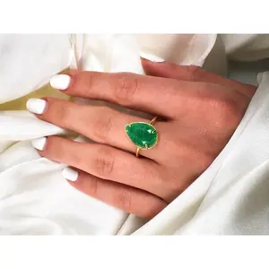 Natural Colombian Pear Shaped Emerald Solitaire Ring in Solid Gold