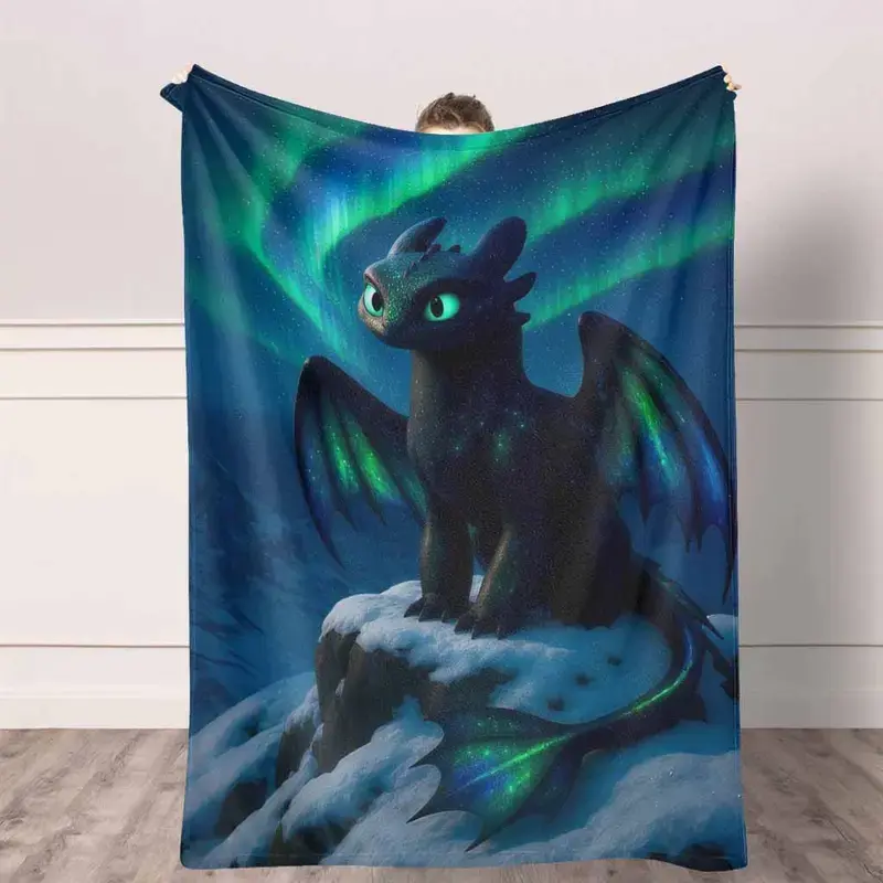 Toothless Night Fury Dragon Aurora Pattern Flannel Blanket, Cozy Durable Wrinkle-Free Anti-Pilling Light Throw, Cute Anime Otaku Style Character Blanket for Bedroom Decor, Travel and Gifting