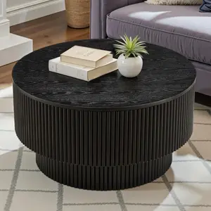 31.49" Wooden Round Coffee Table for the Living Room, Fluted Circle Coffee Table with Storage, Modern Handcrafted Coffee Table for Apartments, Easy Assembly Nesting Wood