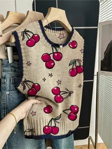 1 Piece Women's Loose Crew Neck Sleeveless Knit Top, Spring Summer Back to School Casual Style, Dark Blue Trim, Contrast Cherry Print, Can Be Worn Alone or with Vest, For Daily Outdoor Wear
