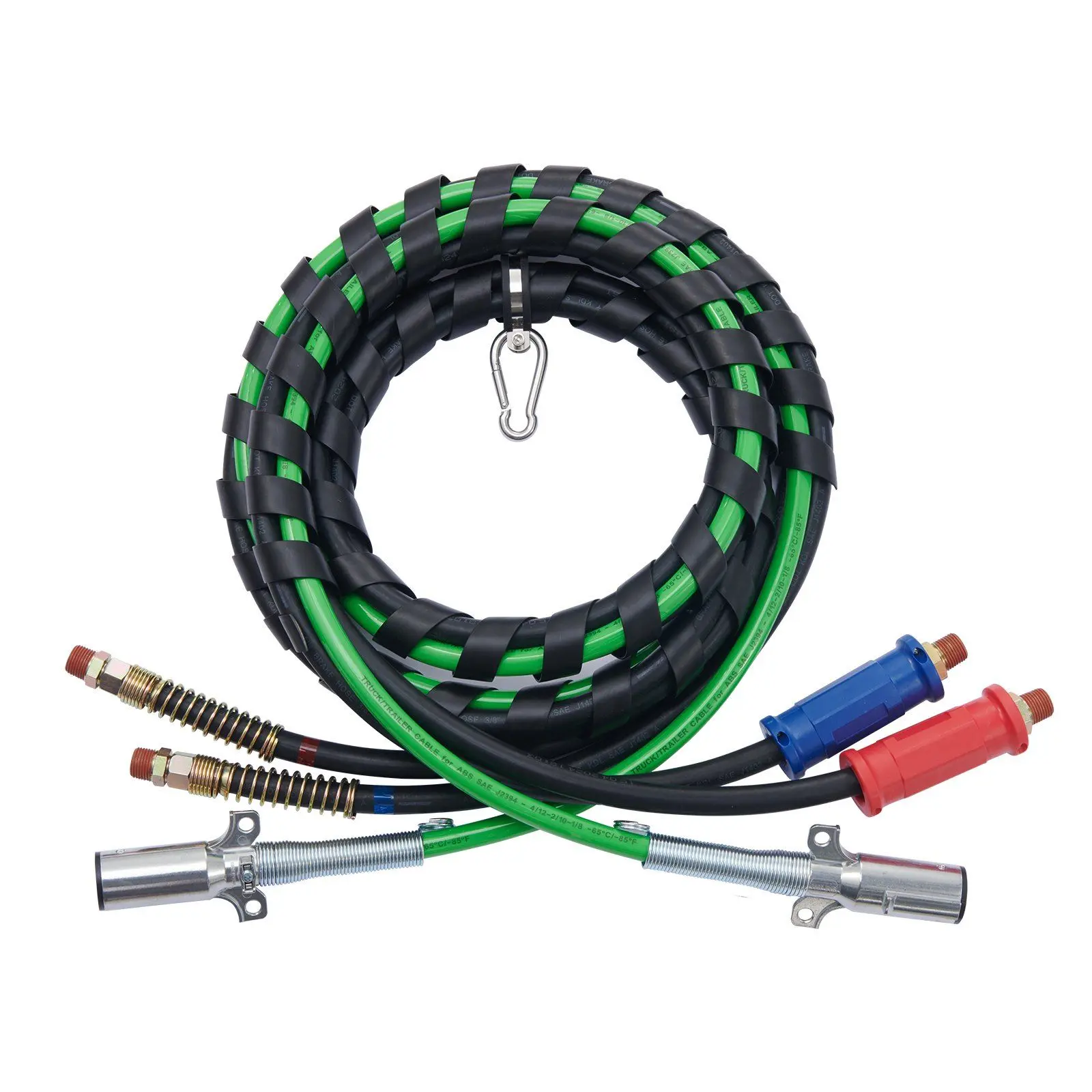 15FT Semi Truck Air Lines Kit, 3-in-1 Aluminum Alloy Air Hoses & ABS Power Line with Carbon Black Hose, TPU Sheath, 7-Way Plug Cord, Heat-Resistant Rubber Assembly, Hook, Teflon Tape, Crack-Resistant Durable G1/2 Brass Joints for Trailers/Tractors