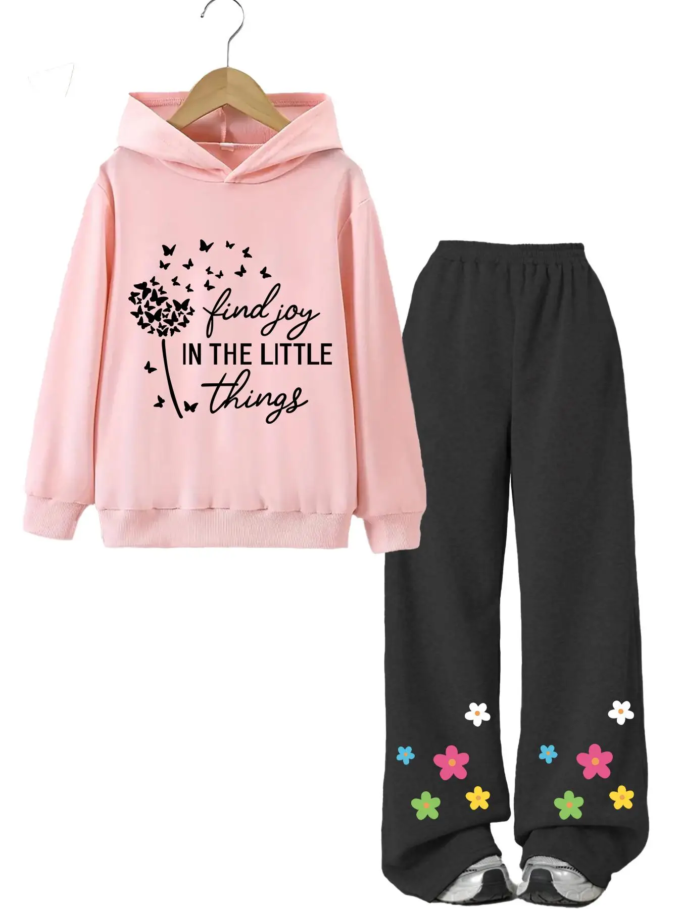 Two-Piece Set Girl's Butterfly Graphic Hoodie & Floral Print Elastic Waist Pants Set, Casual Long Sleeve Hooded Pullover & Pocket Straight Leg Trouser