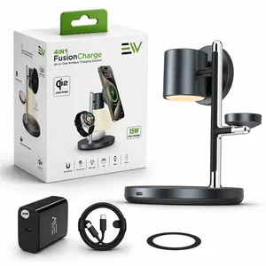 Electronic World 4-in-1 Metallic Wireless Charging Station - Qi2 15W MagSafe Fast Charging Stand with Night Light, Magnetic Cable-Free Dock for Mobile, iPhone 17/16/15/14/13/12, Smart Watches, Wireless Earbuds, Includes Manufacturer Warranty, Manufacturer
