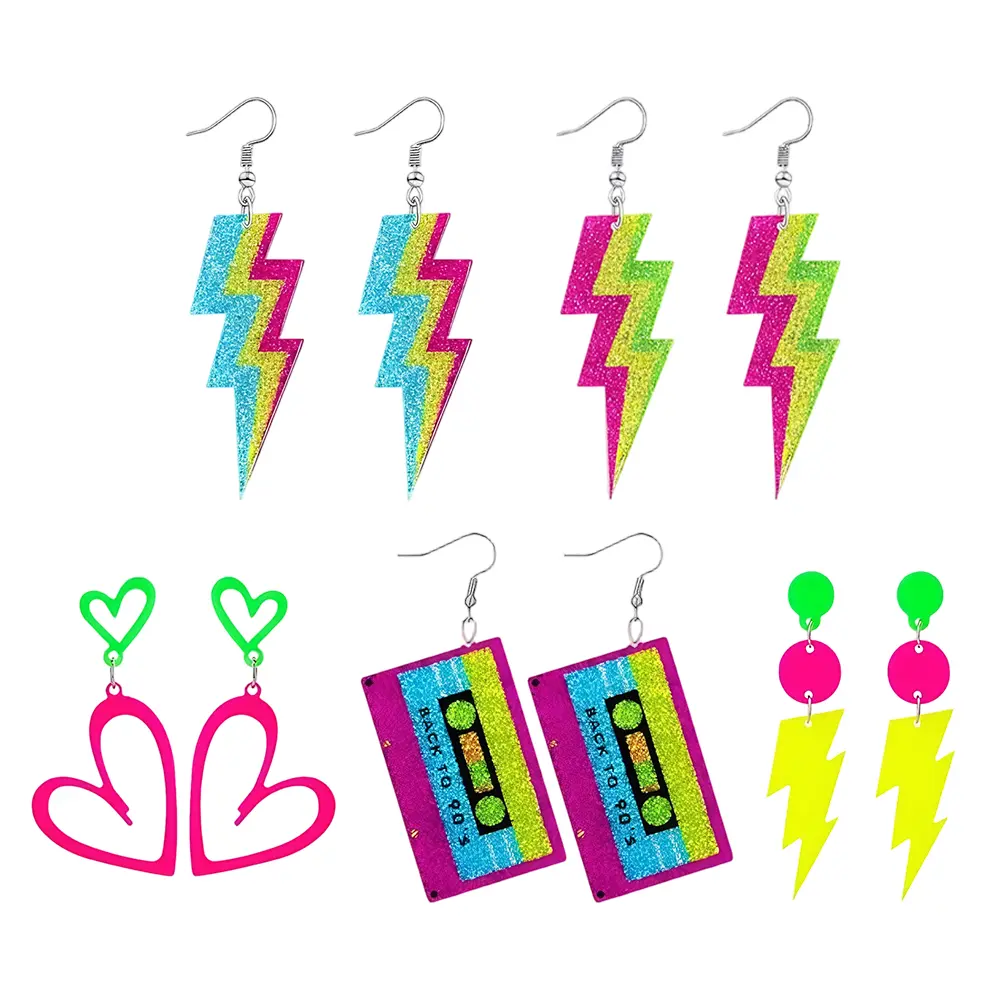 5-Pair Neon Earrings for Women, 80s/90s Retro Geometric Statement Jewelry with Lightning, Heart & Cassette Shapes, Cosplay Style Earring Stack for Parties & Festival Glam, 80S/90S Retro Earrings
